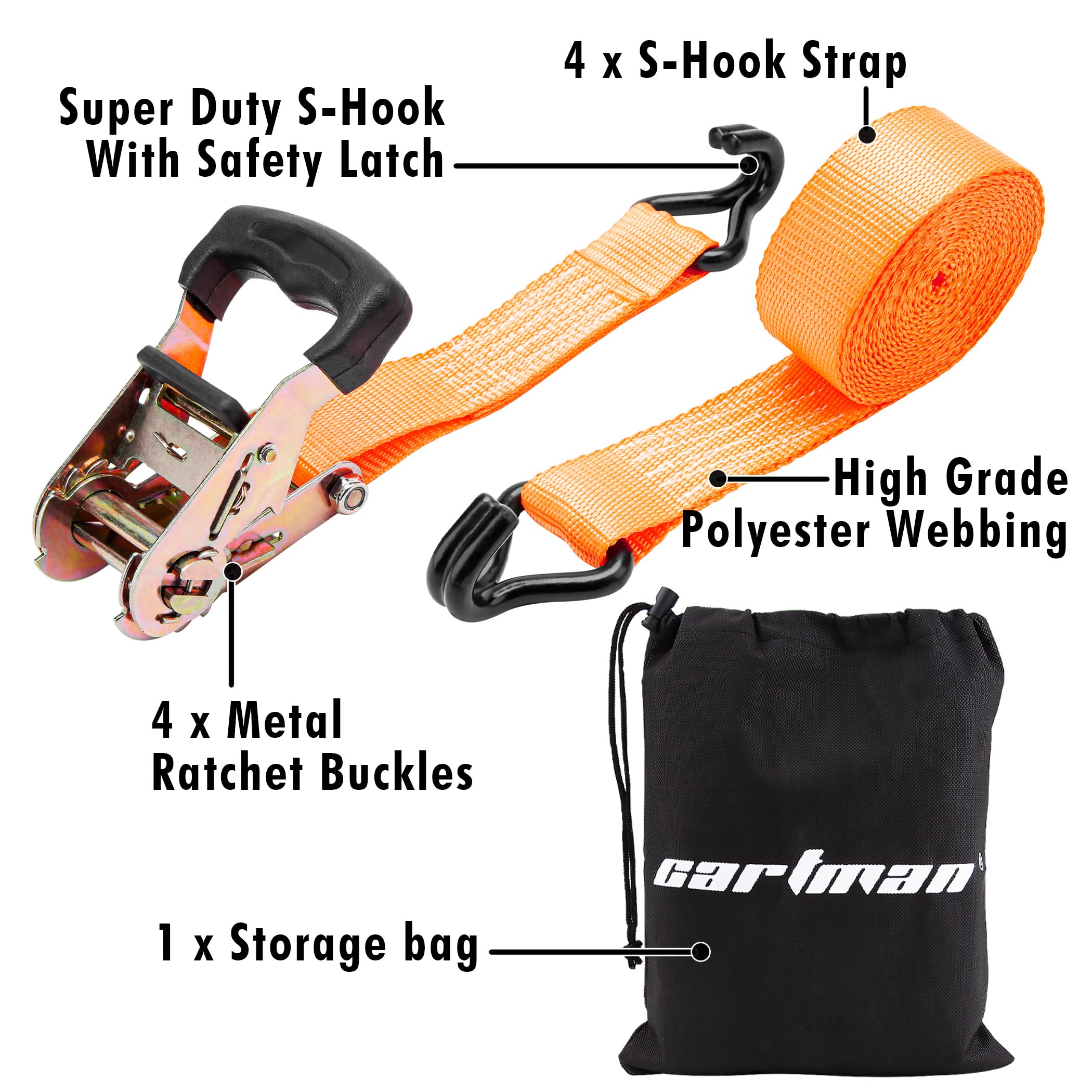 Cartman 1,5" x 15' Padded Ratchet Tie Down 3000Lbs Capacity (4pk) Orange - Image 3