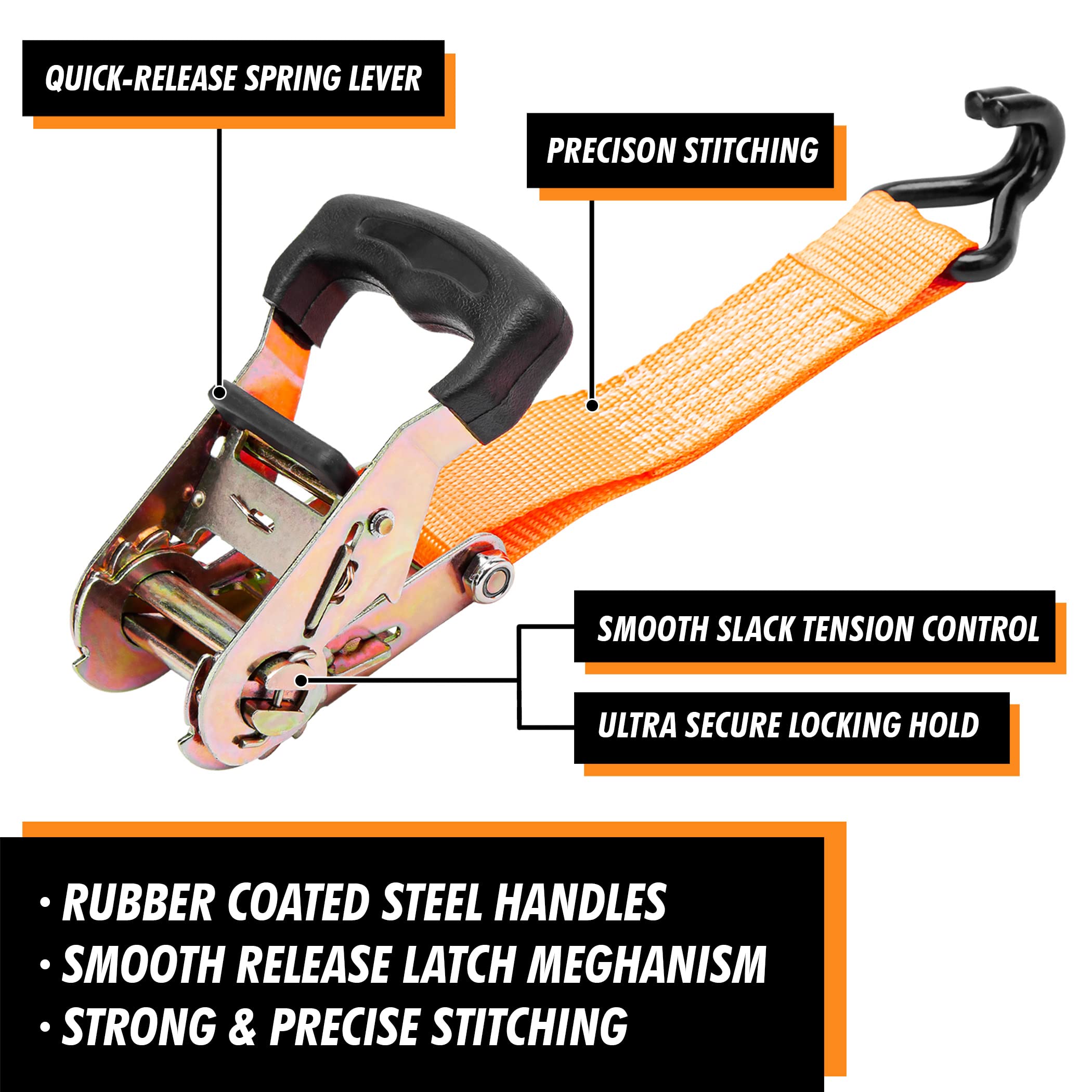 Cartman 1,5" x 15' Padded Ratchet Tie Down 3000Lbs Capacity (4pk) Orange - Image 4