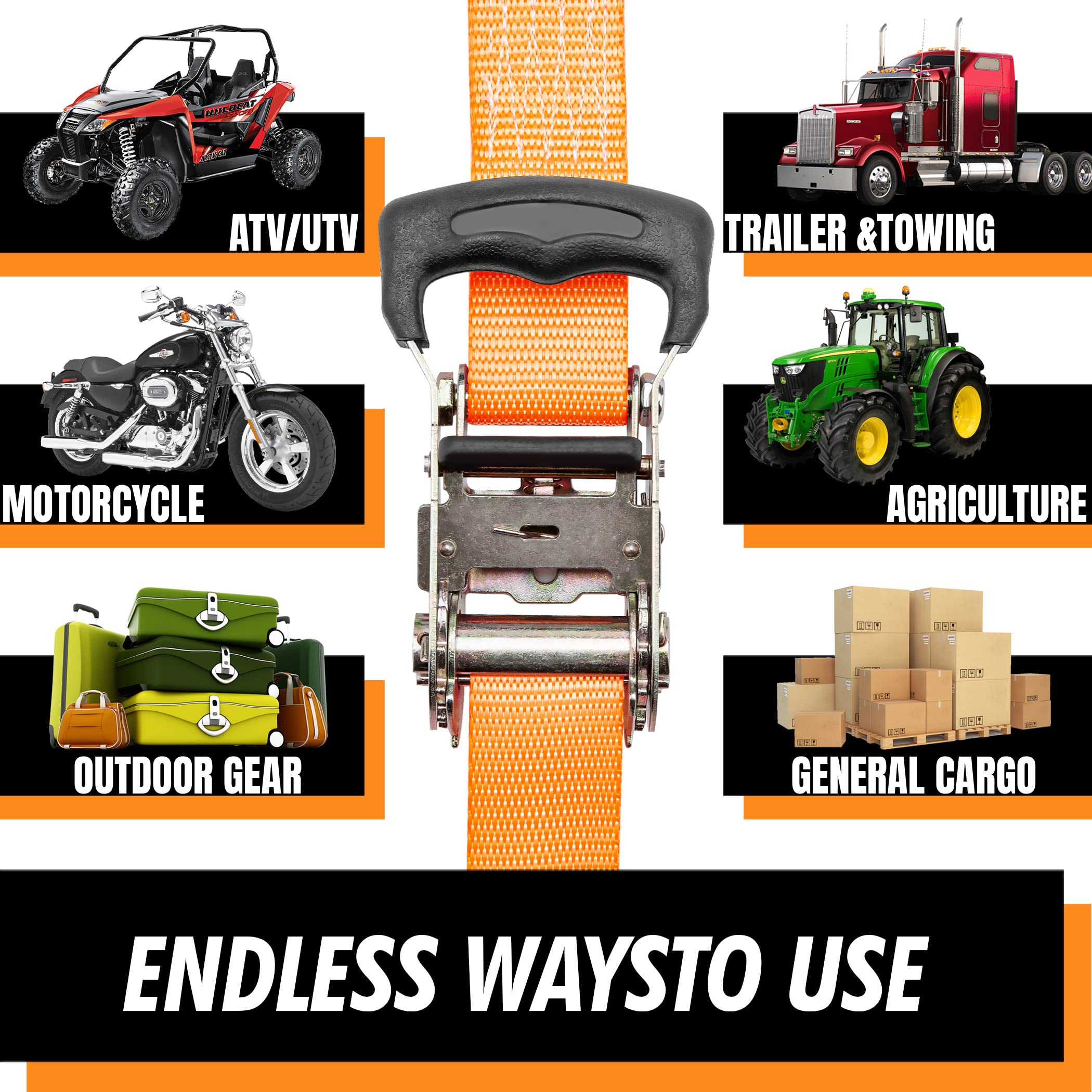 Cartman 1,5" x 15' Padded Ratchet Tie Down 3000Lbs Capacity (4pk) Orange - Image 6