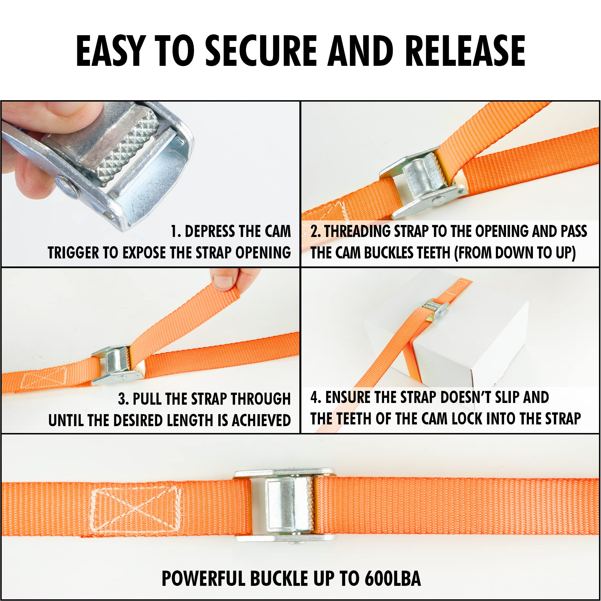 Cartman 1" x 12'Lashing Straps Cargo Tie-Down Strap Up to 600lbs, 10pk in Carry Bag, Orange - Image 4