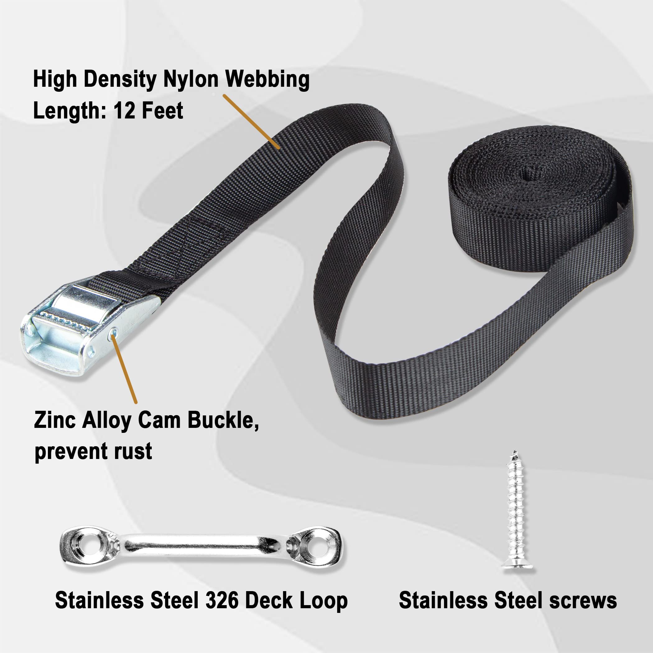 Cartman 12ft Battery Tie Down Strap, Battery Box Hold Down Lashing Straps Kit with Stainless Steel Deck Loop Mounts to Prevent Equipment from Slipping, 1PK - Image 3