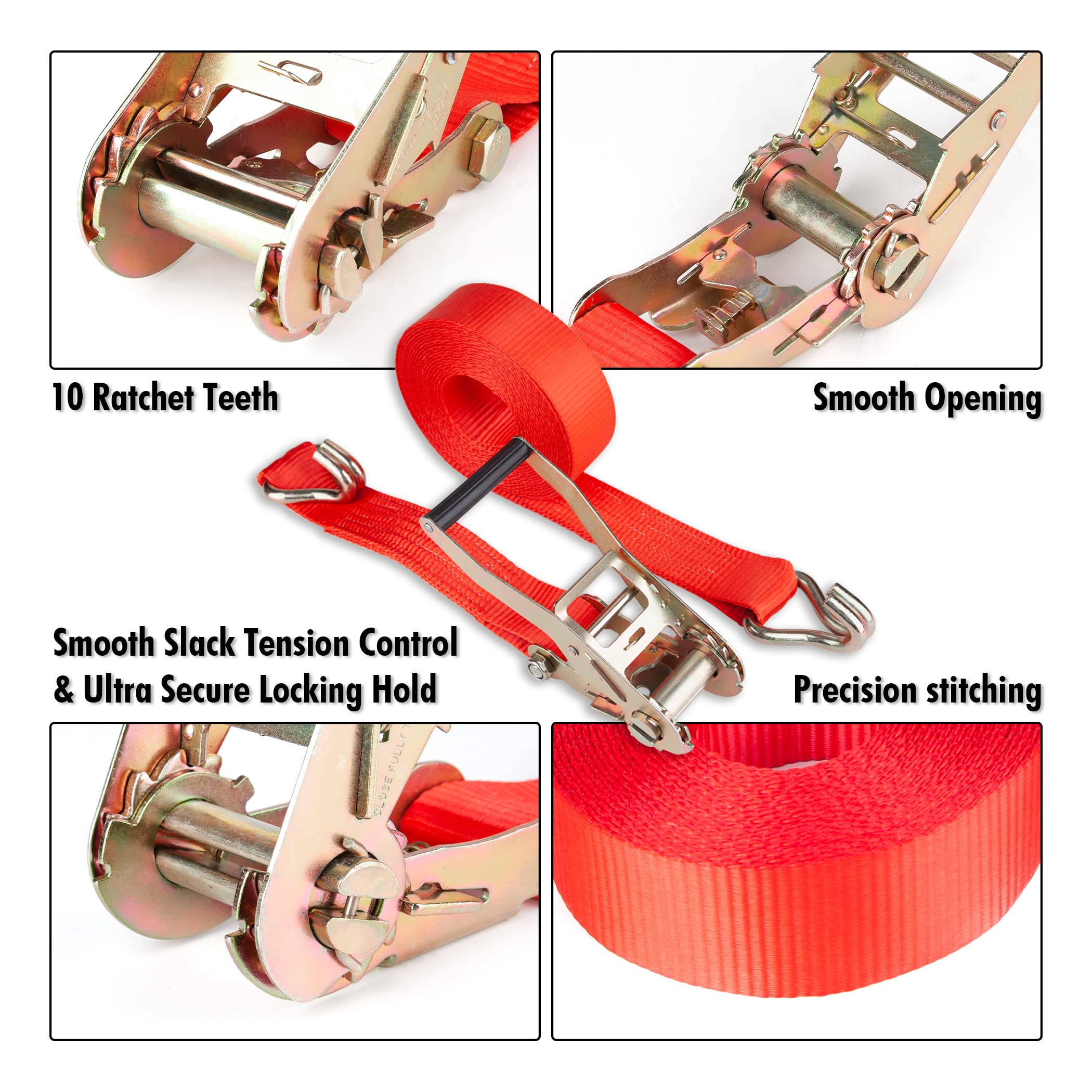 Cartman 2" x 27' Heavy Duty Ratchet Tie Down Straps, 10,000 lbs Break Strength & 3,333 lbs WLL, 2 Pack with Storage Bag, Red Cargo Straps with Double J Hooks for Trucks, Trailers, Motorcycles - Image 3