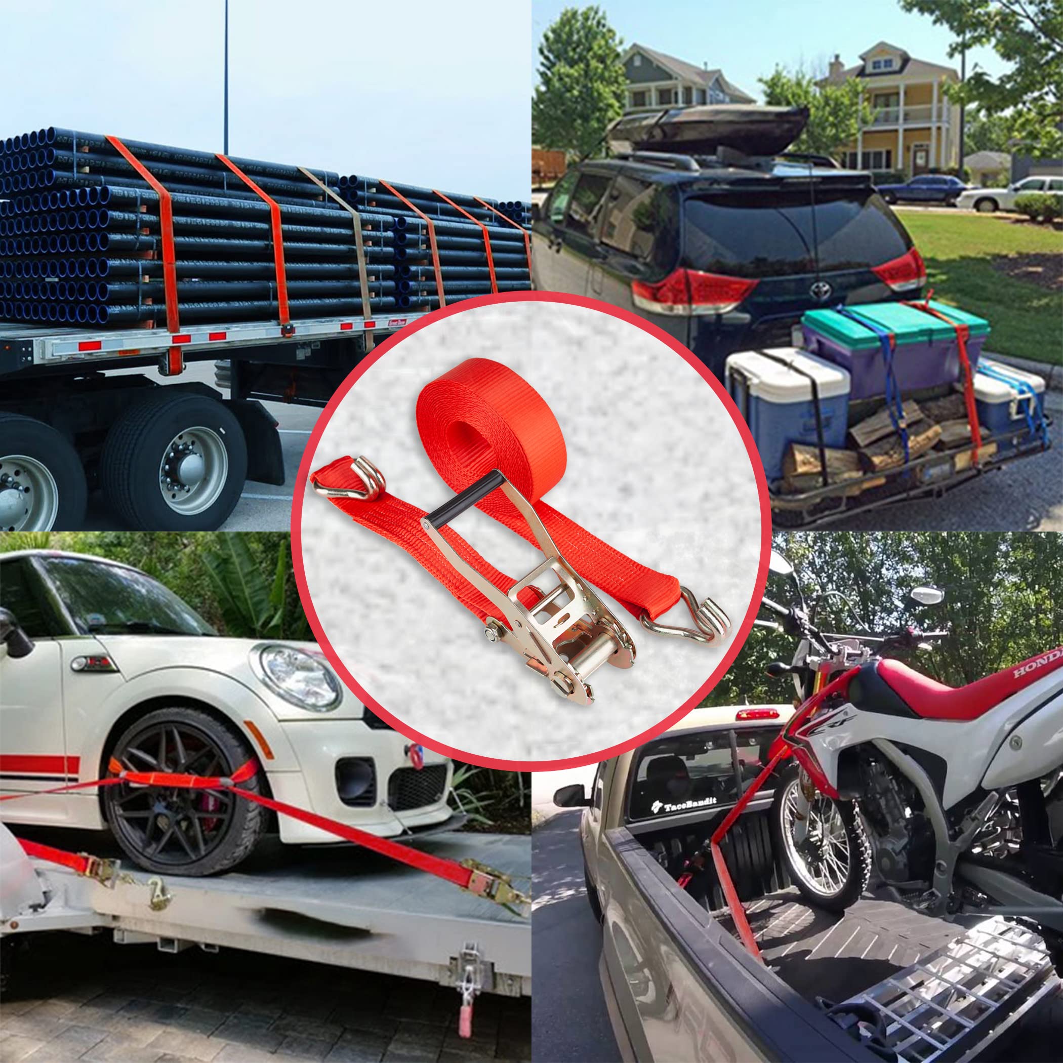 Cartman 2" x 27' Heavy Duty Ratchet Tie Down Straps, 10,000 lbs Break Strength & 3,333 lbs WLL, 2 Pack with Storage Bag, Red Cargo Straps with Double J Hooks for Trucks, Trailers, Motorcycles - Image 6