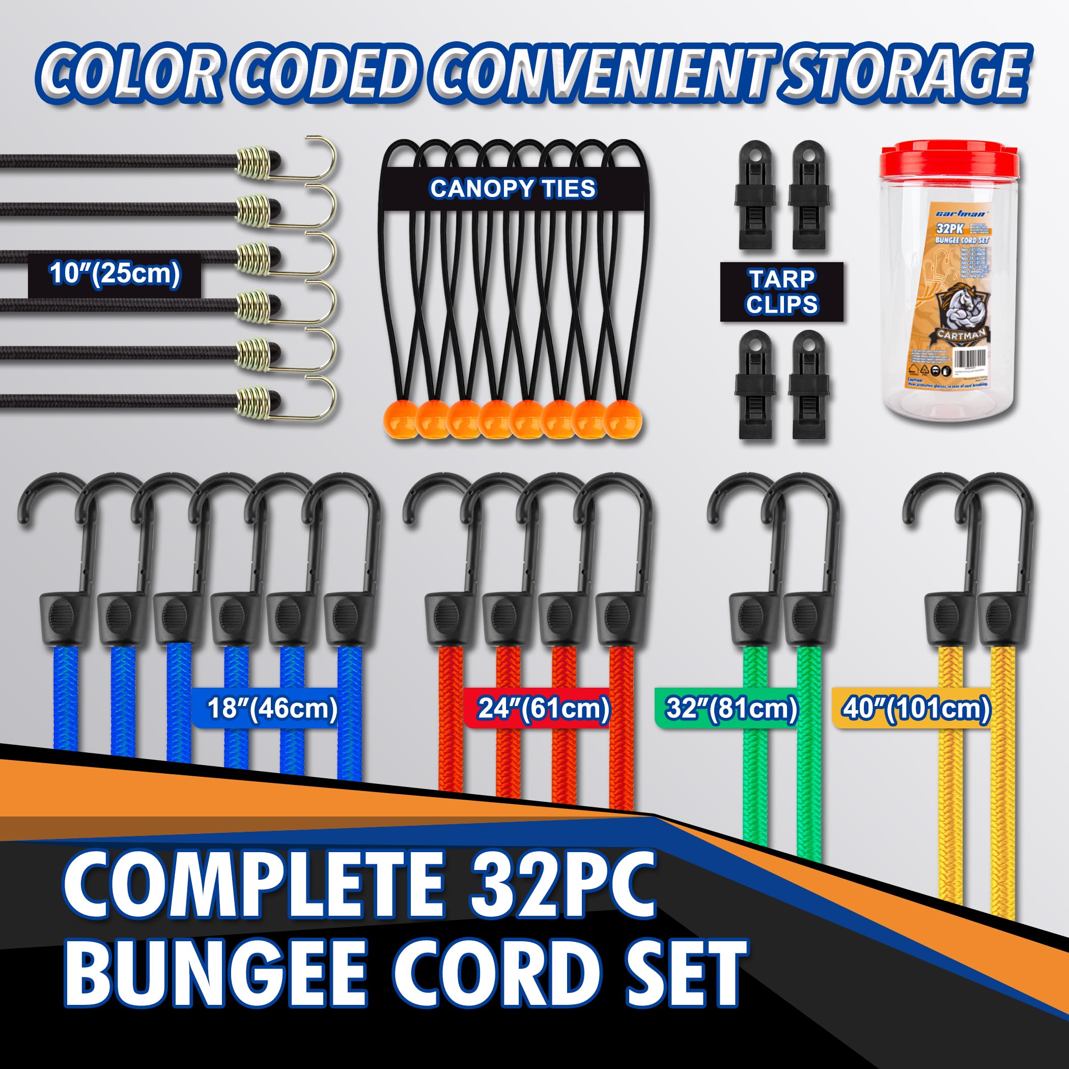 Cartman 32 Piece Bungee Cords Assortment Jar Includes 10" 18" 24" 32" 40" Bungee Cord with Hooks, 8" Canopy Tarp Ball Ties and Tarp Clips - Image 8