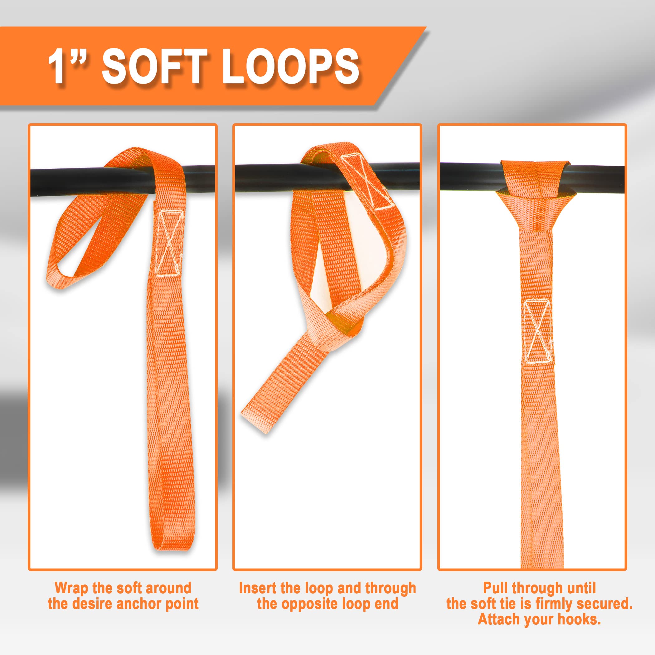 Cartman 6 Pack 1"x18" Soft Loop Motorcycle Tie Down Straps 3600lbs Load Capacity Tie-Down Loops for Secure Trailering of Bikes, ATV, Lawn Equipment, Orange - Image 5