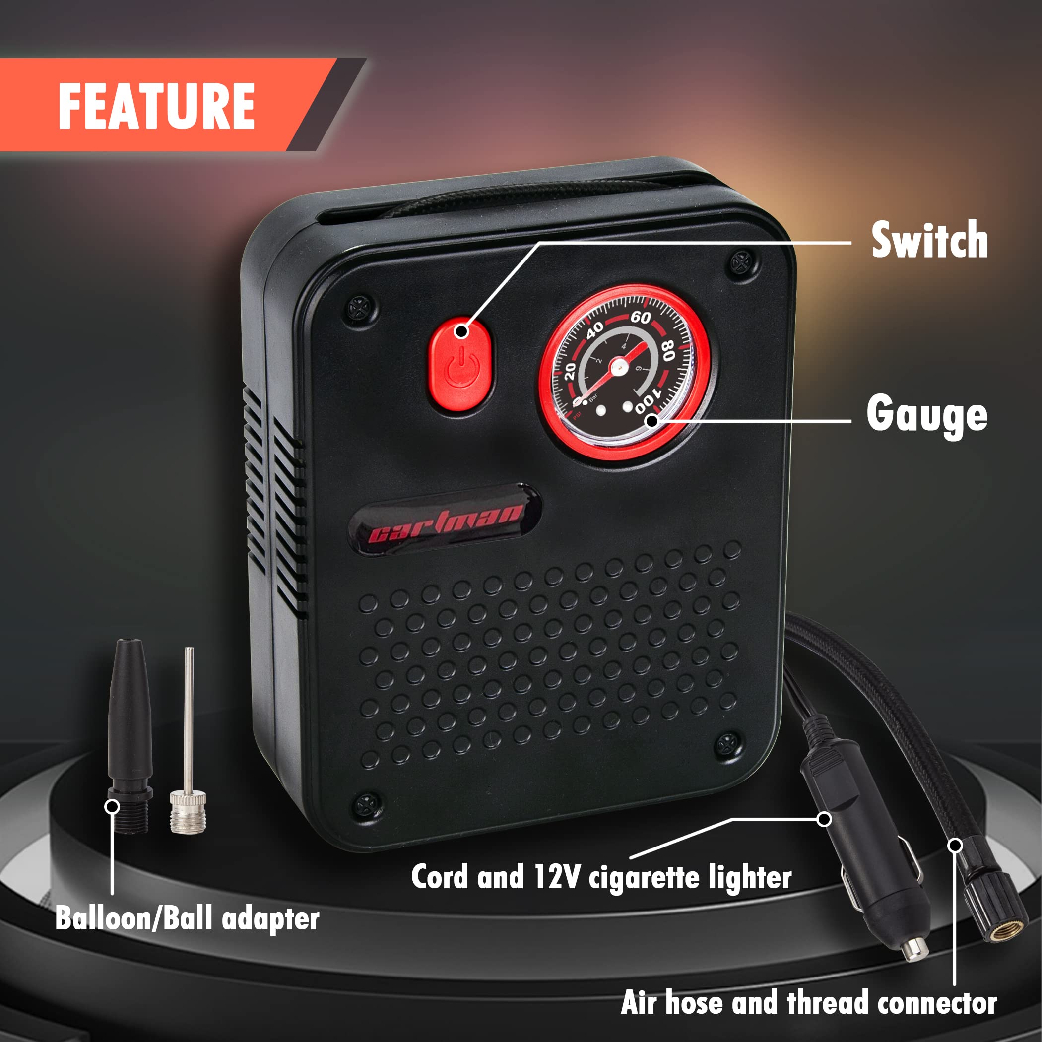 CARTMAN Air Compressor Portable Tire Inflator, Electric Air Pump with Pressure Gauge for Car Tire, Bike, Ball & Other Inflatables, Black - Image 4