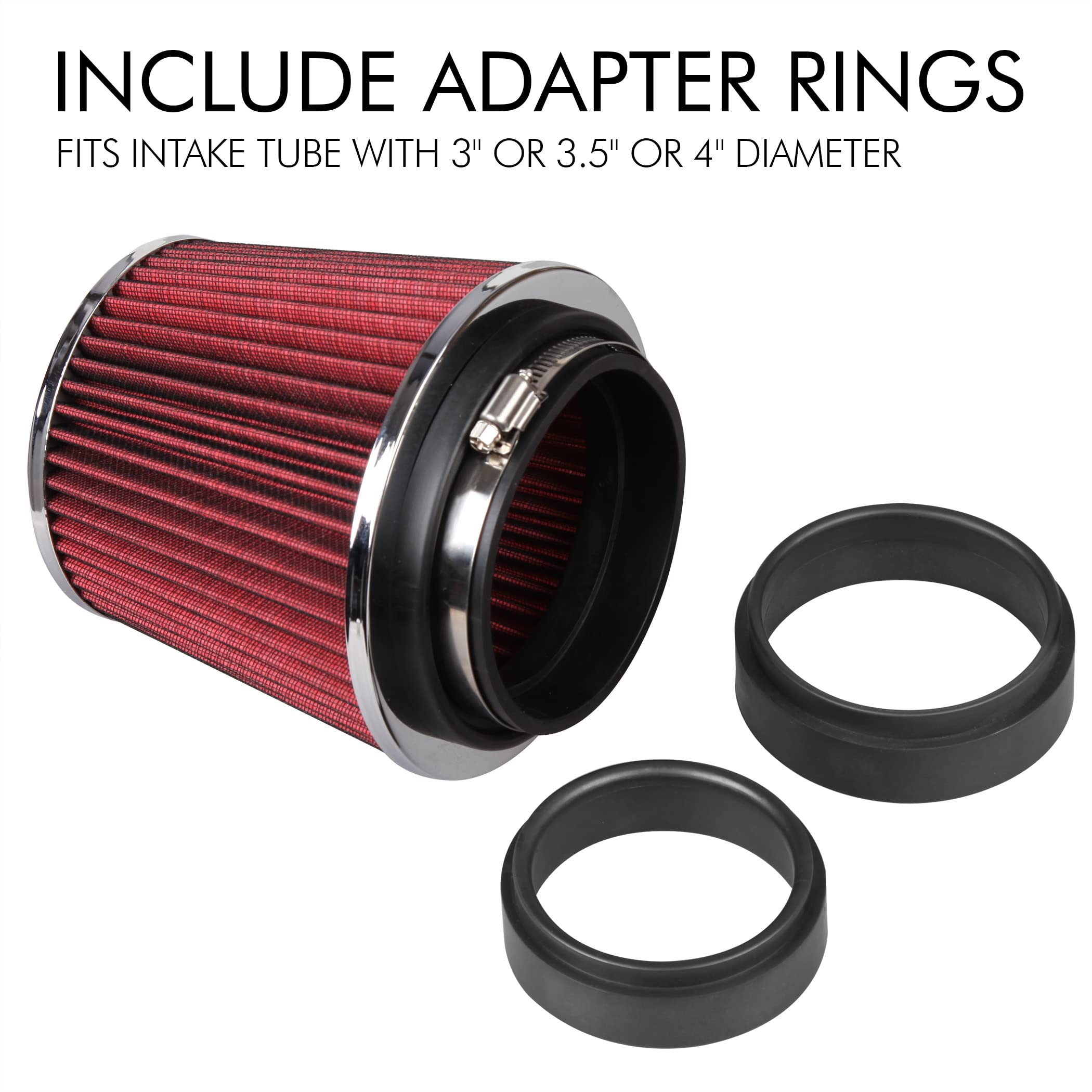 Cartman Clamp-On Engine Air Filter, Fit Intake Tube with 3/3.5/4in Diameter, Premium High Performance Replacement Filter, Washable and Reusable, Round Tapered, Red - Image 3