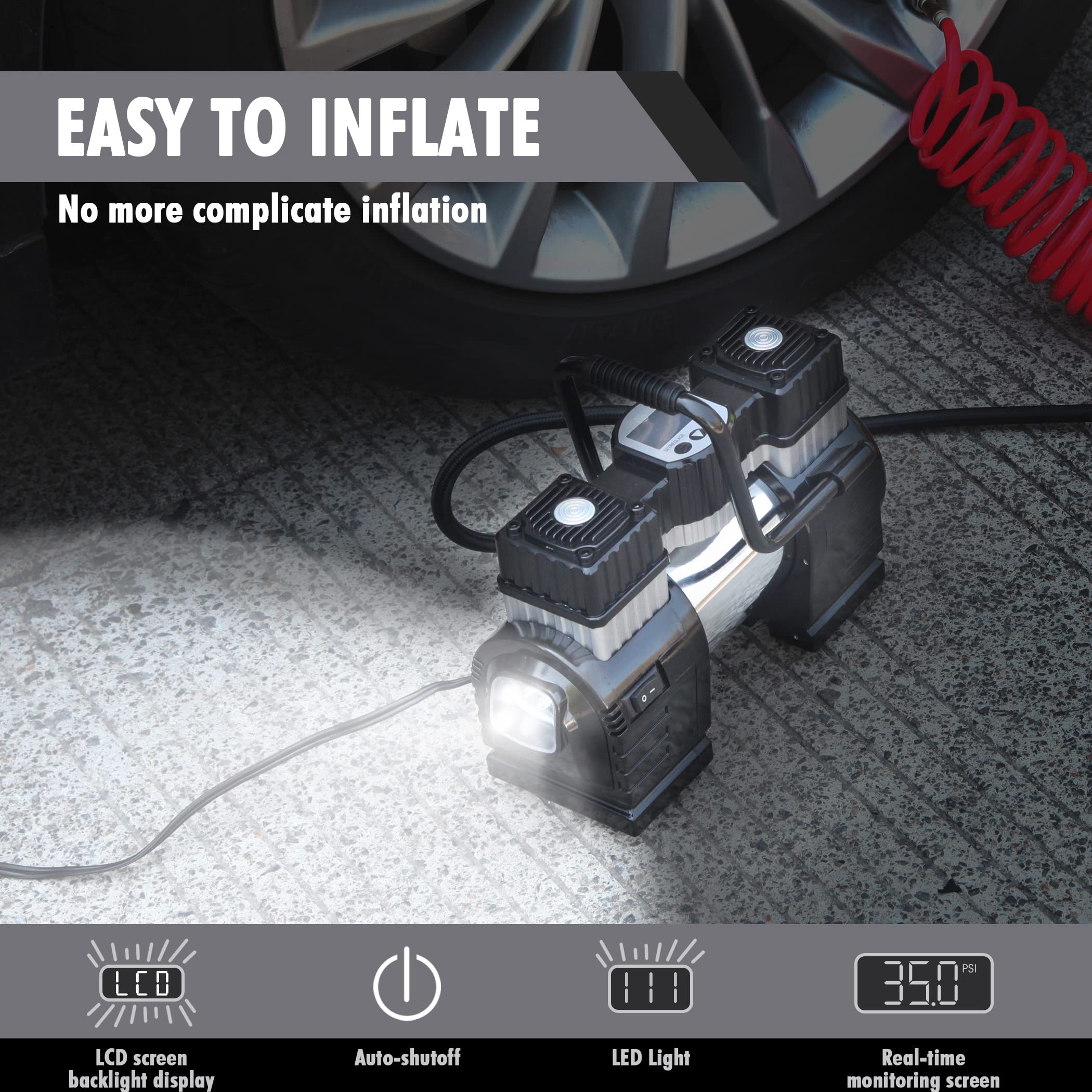 CARTMAN Warning Triangle DOT Approved Dual Cylinder DC 12V Air Compressor for Car - Image 7