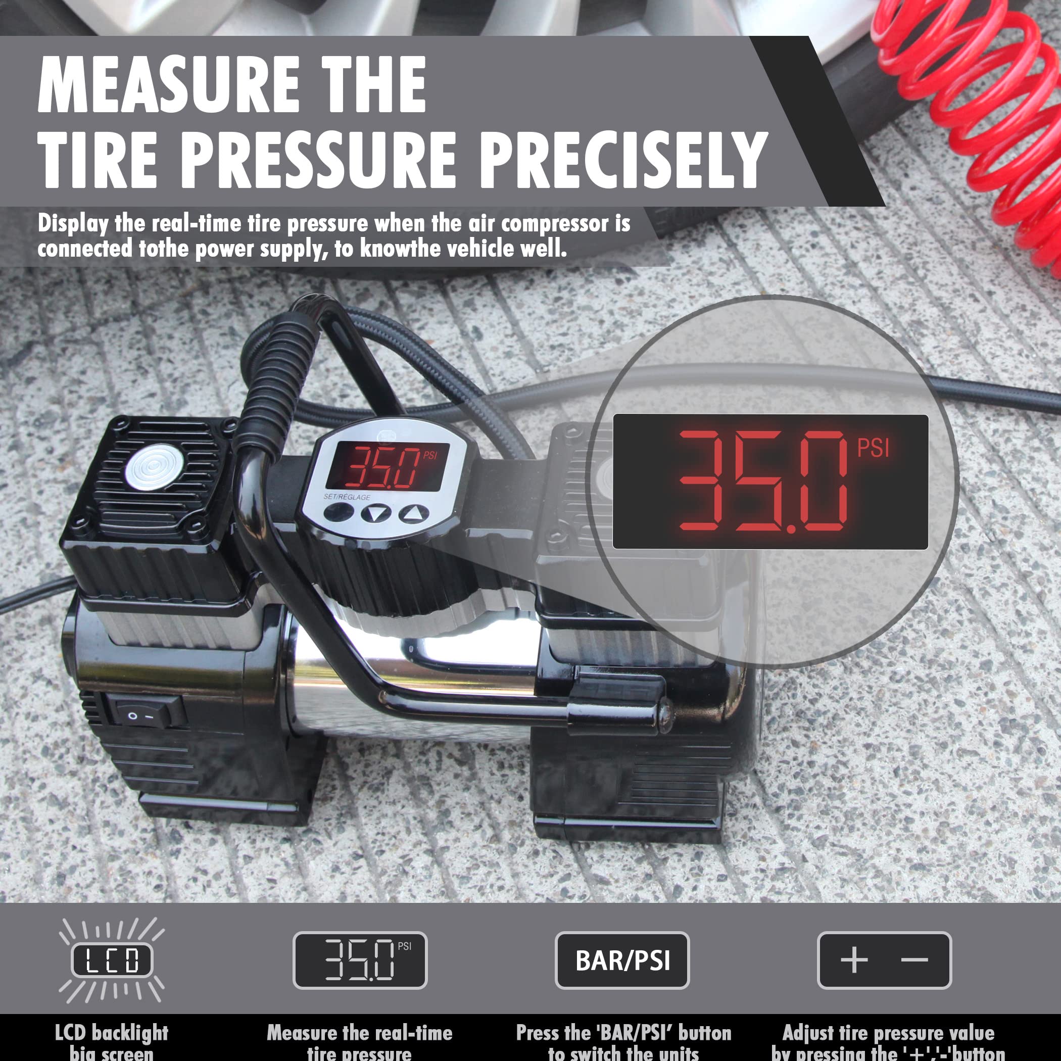 CARTMAN Warning Triangle DOT Approved Dual Cylinder DC 12V Air Compressor for Car - Image 8