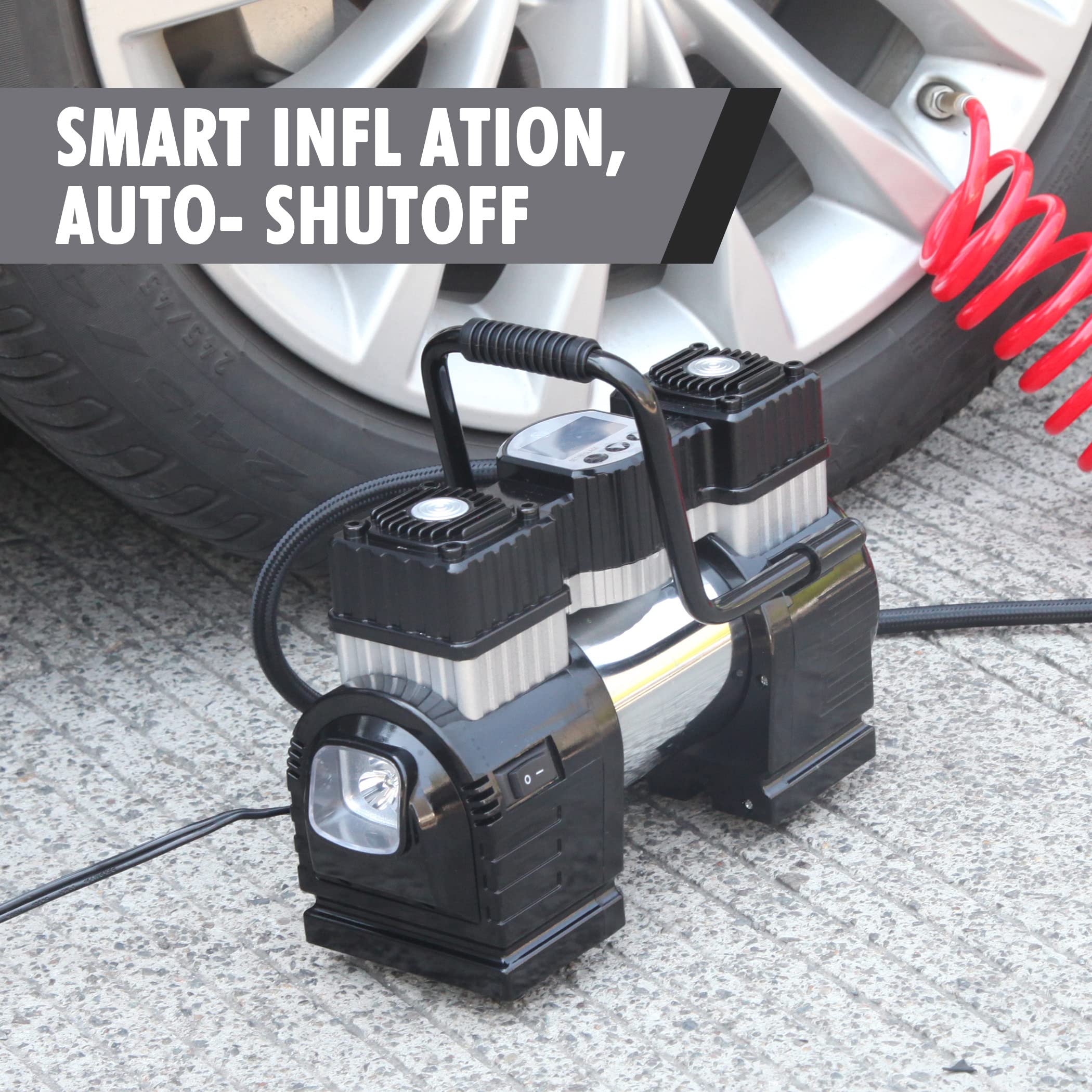 CARTMAN Dual Cylinder DC 12V Air Compressor for Car, Heavy Duty Portable Tire Inflator,Tire Pump 120PSI with LED Light for Auto,Truck,SUV, RV,Balls etc (Plug) - Image 5