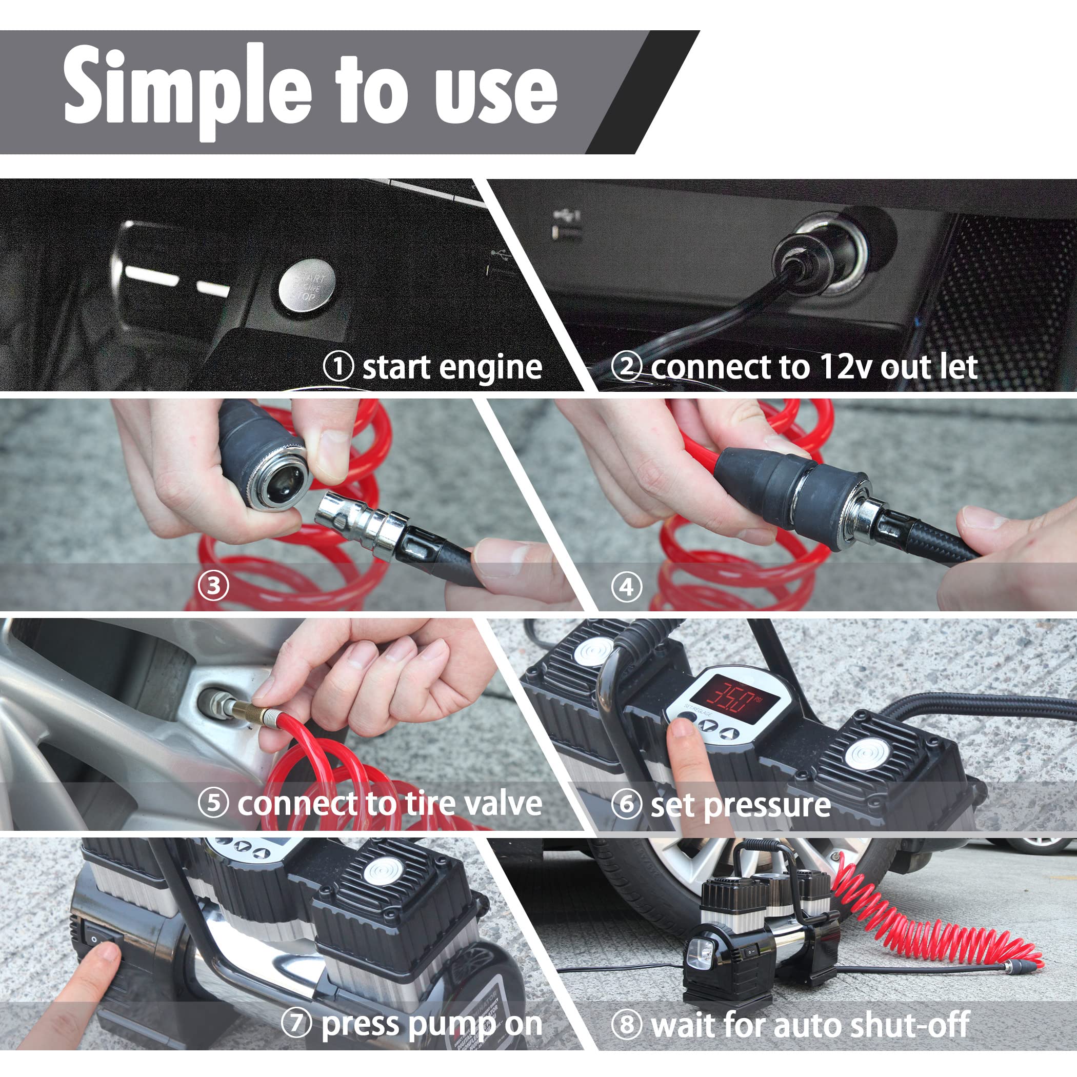 CARTMAN Warning Triangle DOT Approved Dual Cylinder DC 12V Air Compressor for Car - Image 9