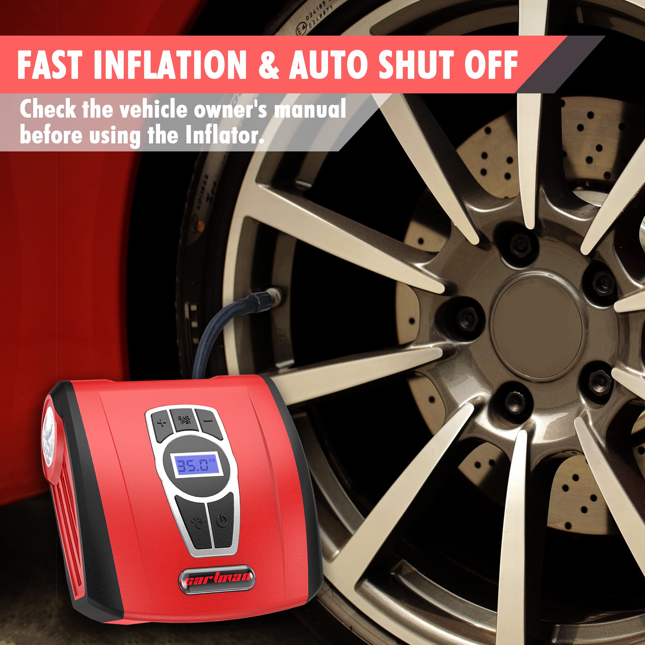 CARTMAN Tire Inflator Portable Air Compressor, Auto Air Pump for Car/Bike with Digital Pressure Gauge & LED Light, Red - Image 3