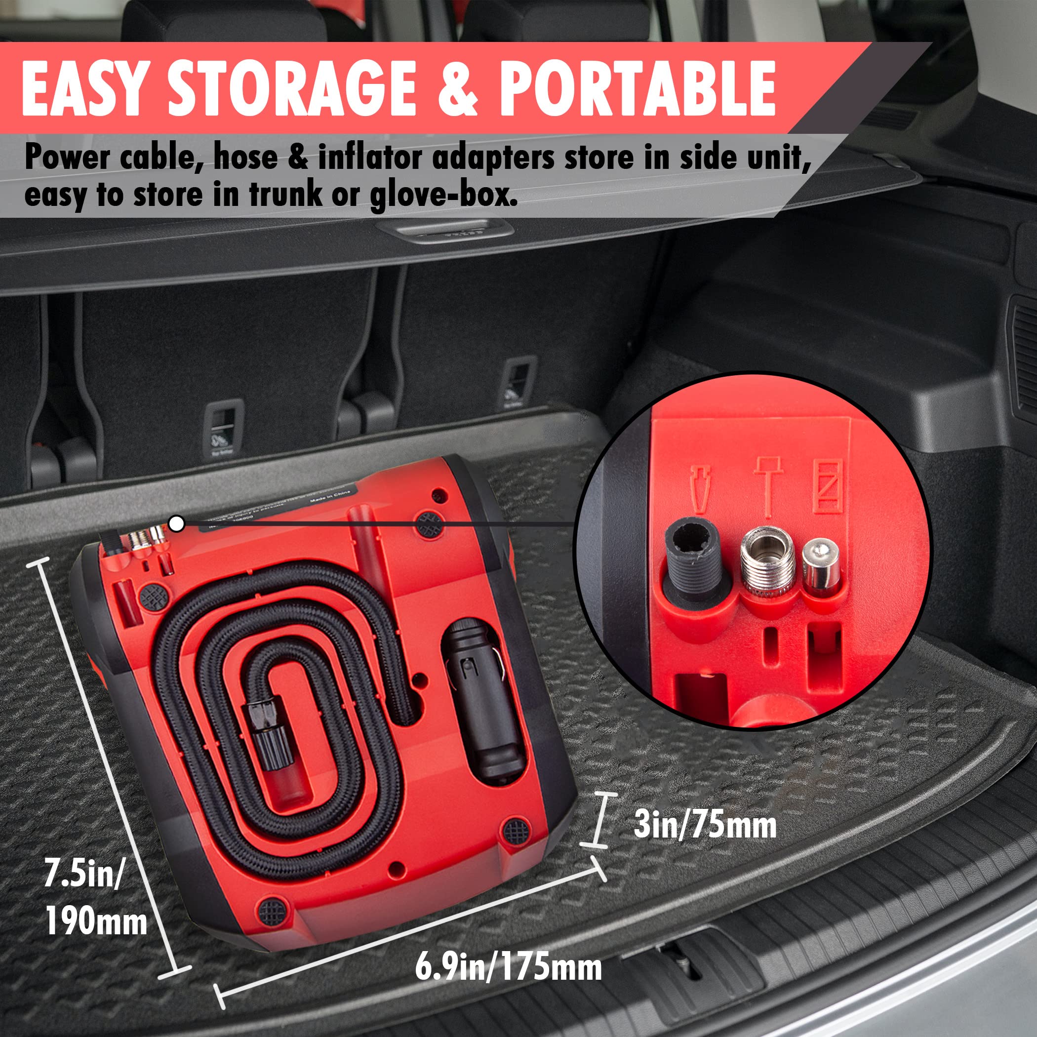 CARTMAN Tire Inflator Portable Air Compressor, Auto Air Pump for Car/Bike with Digital Pressure Gauge & LED Light, Red - Image 4