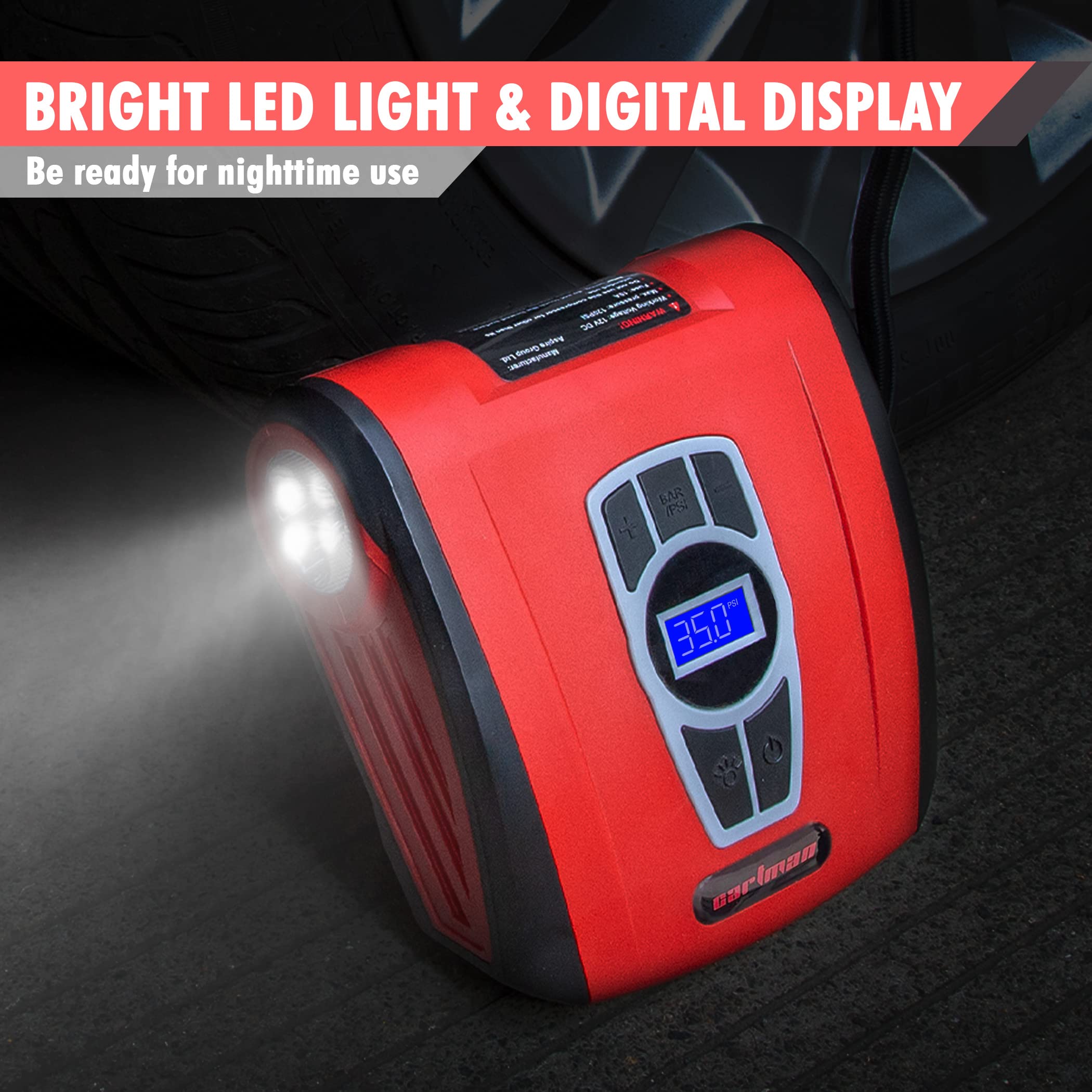 CARTMAN Tire Inflator Portable Air Compressor, Auto Air Pump for Car/Bike with Digital Pressure Gauge & LED Light, Red - Image 5