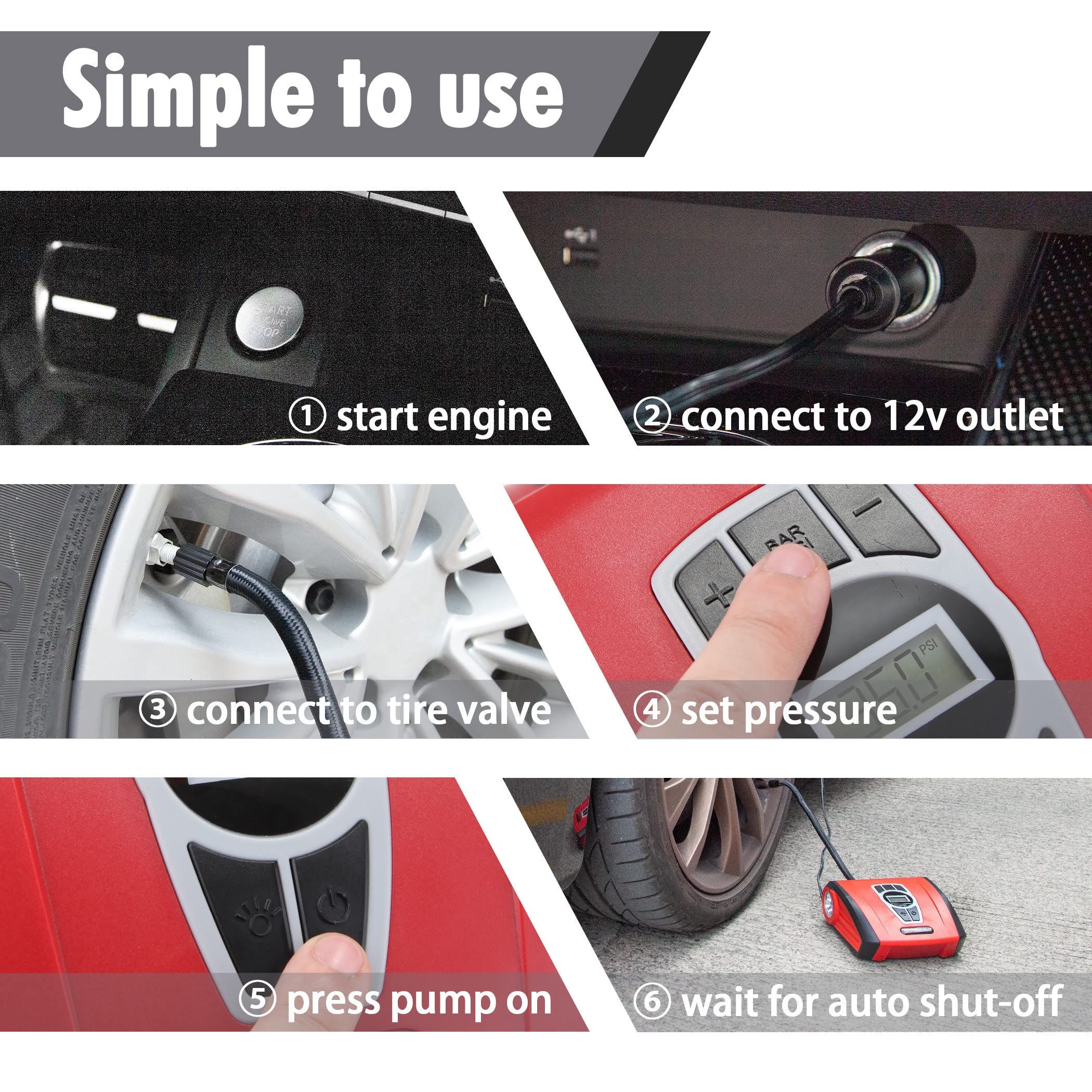 CARTMAN Tire Inflator Portable Air Compressor, Auto Air Pump for Car/Bike with Digital Pressure Gauge & LED Light, Red - Image 6